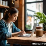 Home 22 온라인 체험 공유의 올바른 방법 - A cozy coffee shop interior scene with warm natural lighting, featuring a person casually typing on ...