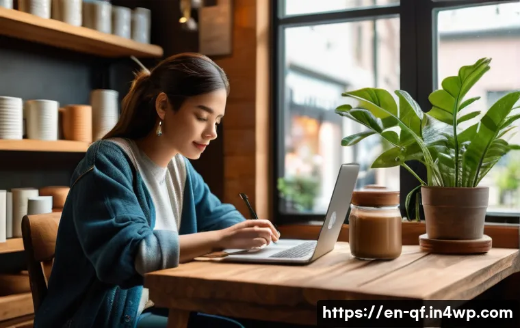 온라인 체험 공유의 올바른 방법 - A cozy coffee shop interior scene with warm natural lighting, featuring a person casually typing on ...