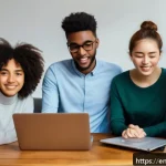 Home 23 인터넷 토론에서의 논리적 에티켓 - A modern, diverse group of young adults engaged in a respectful online debate using laptops and smar...