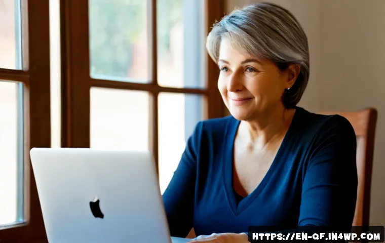 Home 17 온라인 포럼 참여 시의 기본 규칙 - Photorealistic home office scene of a friendly middle-aged woman thoughtfully participating in an on...