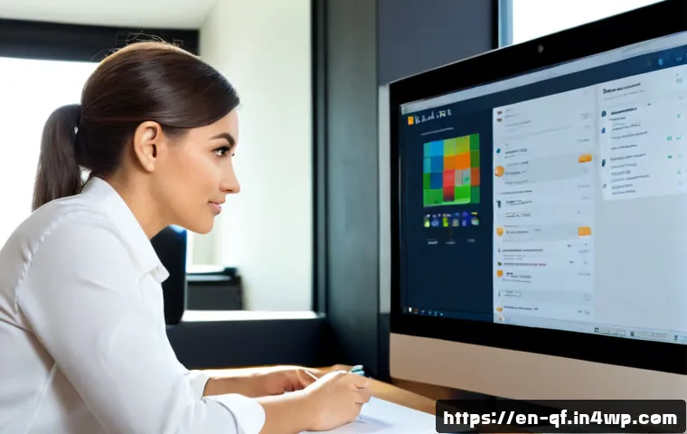 Home 17 소셜 미디어에서의 기업 이미지 보호 방법 - Photorealistic corporate communications manager in a modern American office, calmly reviewing social...